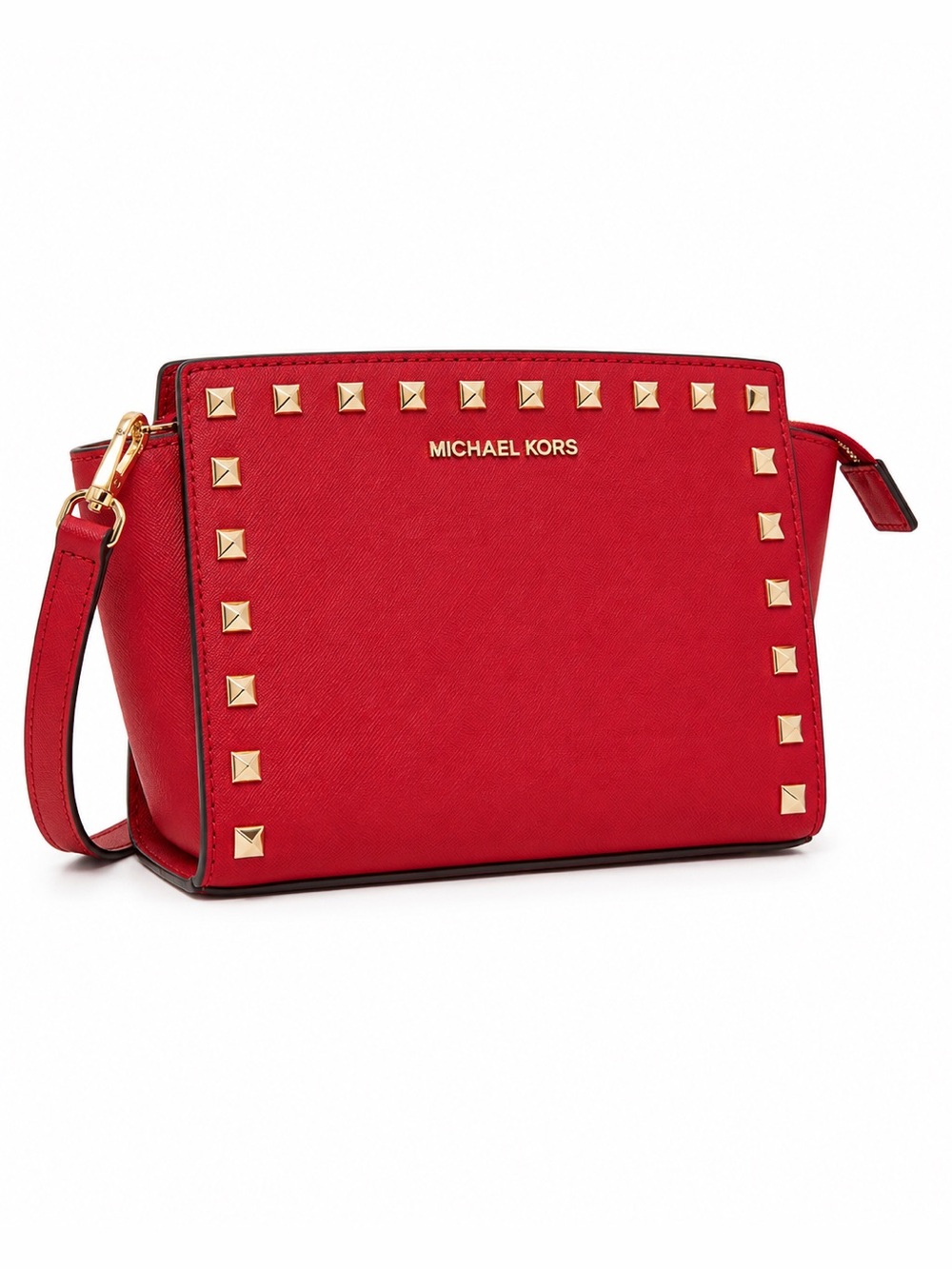 Michael Kors Selma Gold Stud Medium Messenger Crossbody Bag Red Saffiano Purse